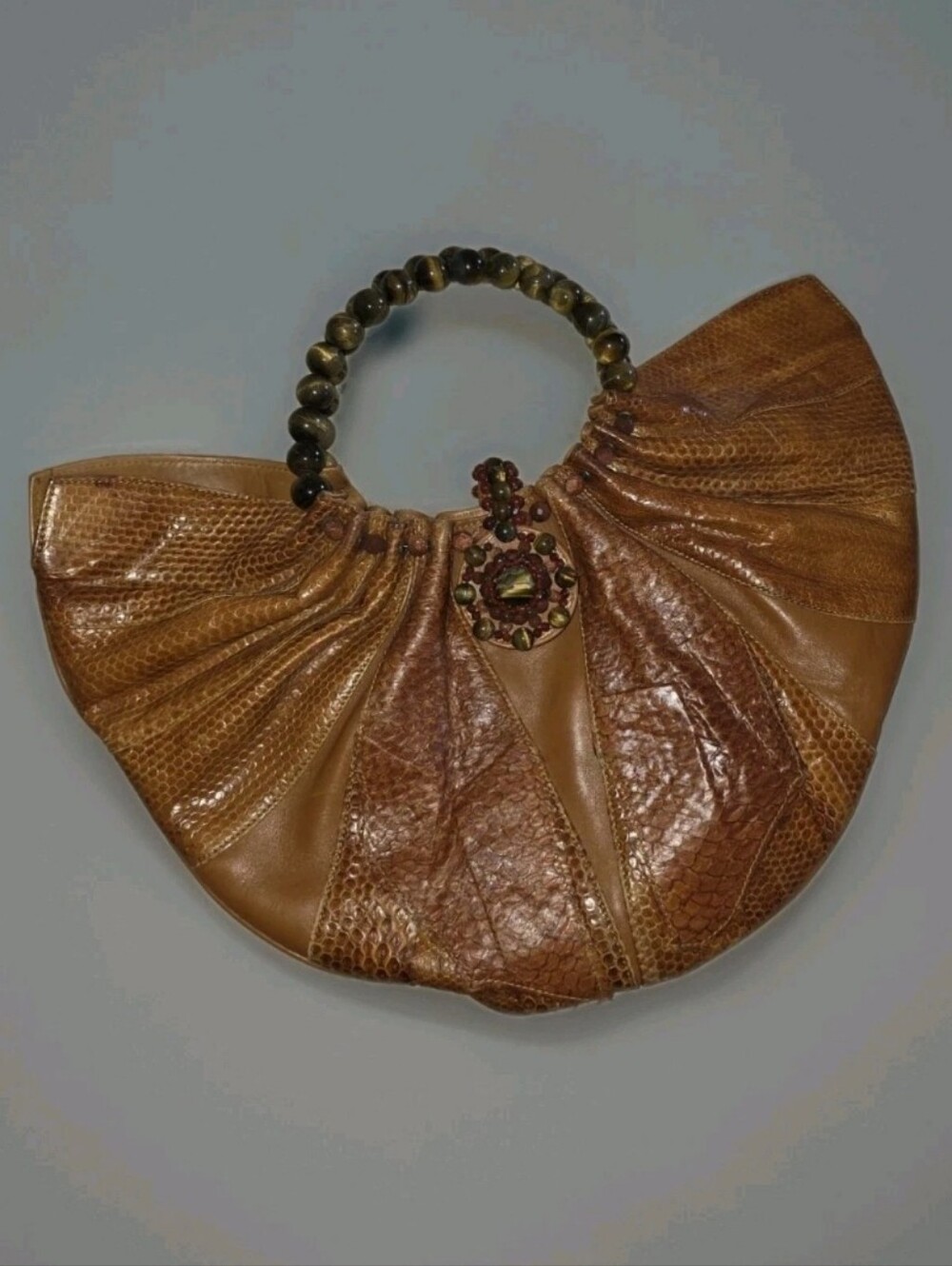 Rare Taryn Nicole Brown Leather Beads Handle